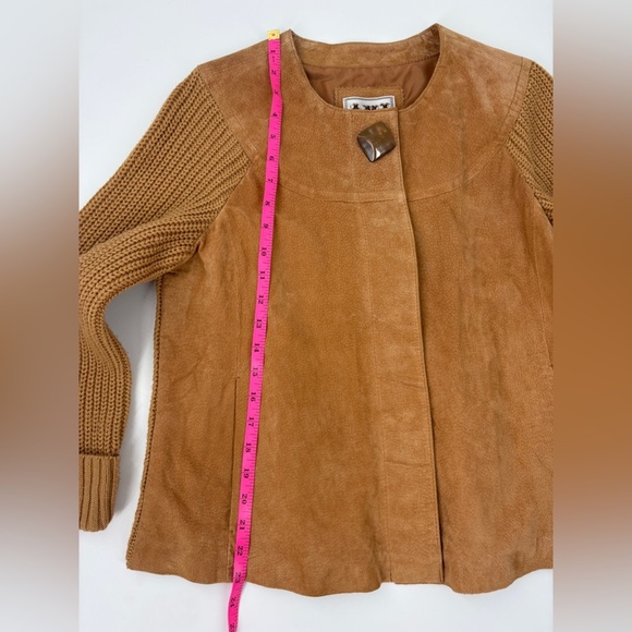 AMI Womens Suede Leather Jacket Size M Brown Hidden Snaps Knit Sleeves - Picture 8 of 9